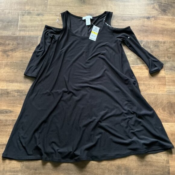 Planet Gold Black Cold Shoulder A-Line Dress Women’s Size Medium NWT - Picture 1 of 4